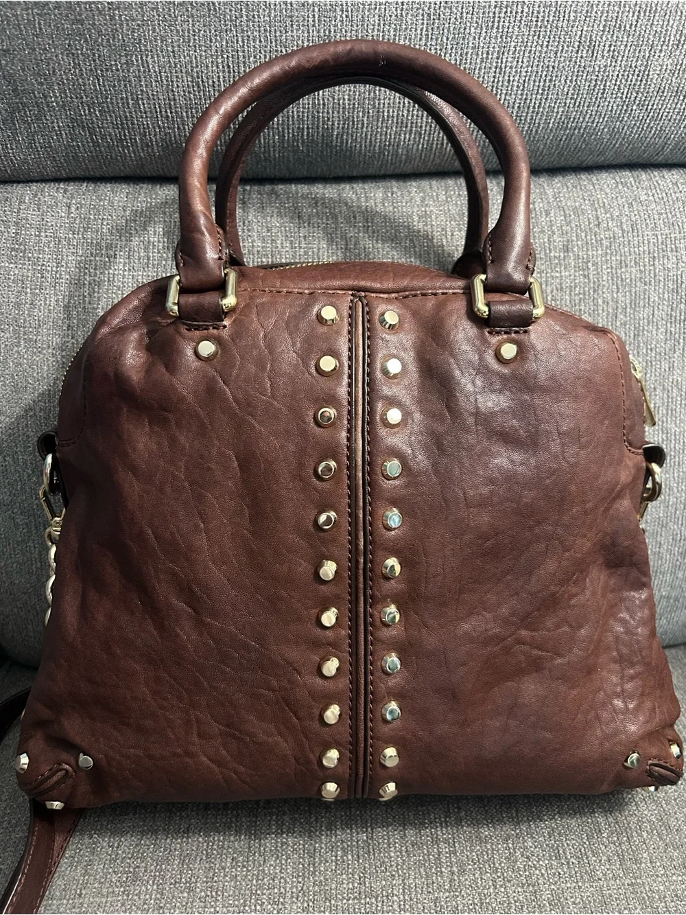 Michael Kors Brown Studded Leather Satchel with leather & chain crossbody strap